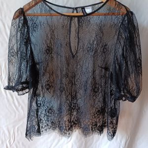 Divided Black Fine Lace sexy top short sleeved size Large